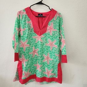 Simply Southern Swim Cover Up Medium Bathing Suit Cover Tunic Starfish Swirl